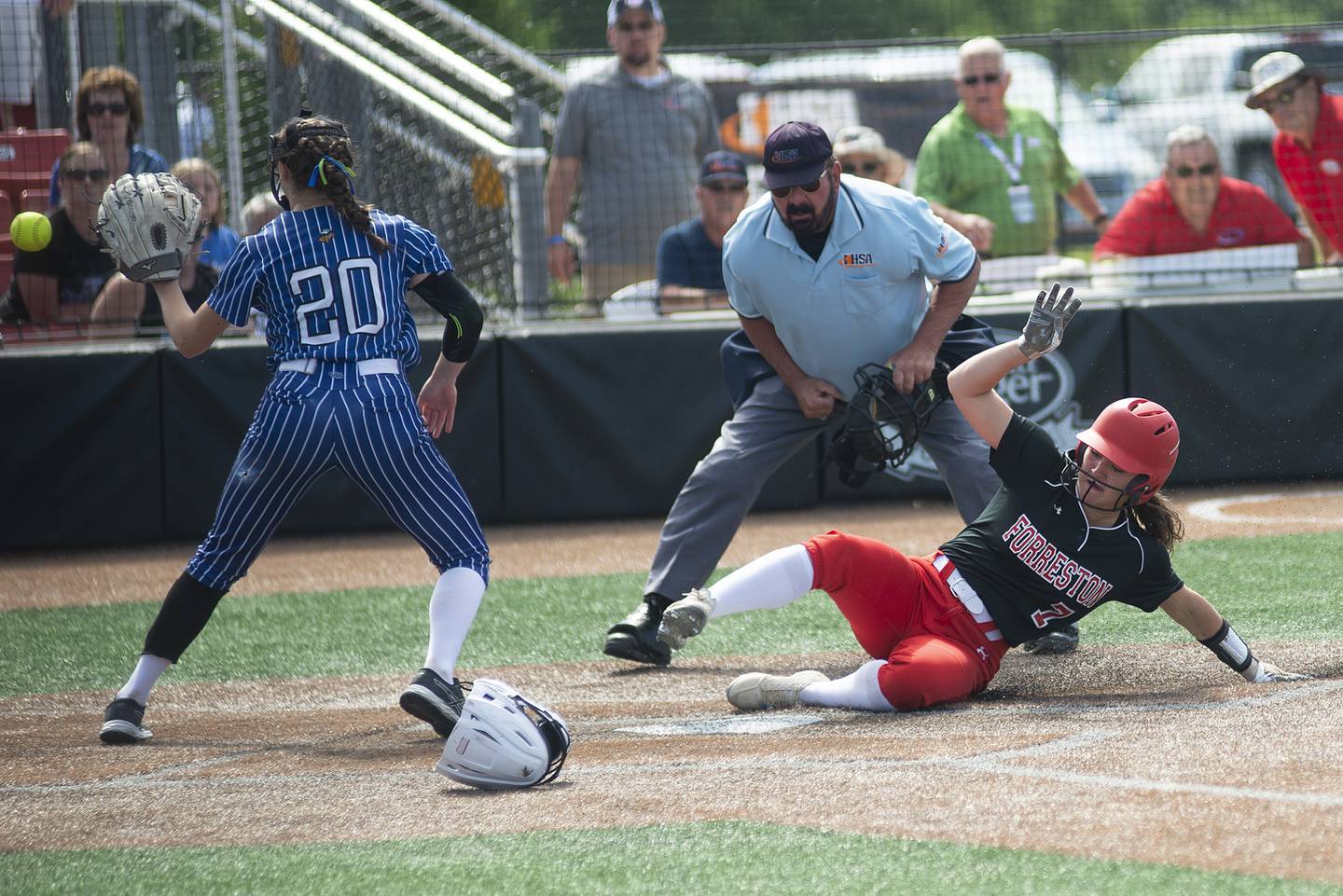 Forreston’s Brooke Boettner scores as the Cardinals take a 2-1 lead against Newark Saturday, June 4, 2022 during the IHSA Class 1A softball state third place game.