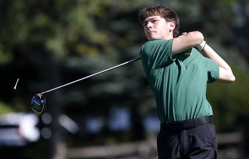 Crystal Lake South’s Jack Wilcox watches his tee shot on the second hole during the Fox Valley Conference Boys Golf Tournament Thursday, Sept. 25, 2025, at Foxford Hills Golf Club in Cary.