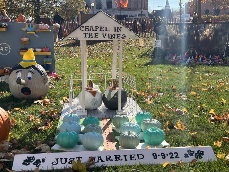 A pair of newlywed pumpkins on display for the Sycamore Pumpkin Festival on Oct. 28, 2022.