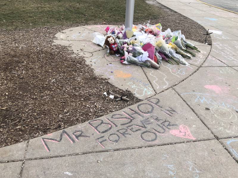 Memorials at Dundee Middle School, seen on Tuesday, Feb. 27, 2024. Students honored music teacher Matt Bishop, following his death over the weekend.