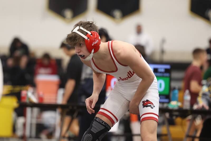 Ramsey Barton of Yorkville faces off with Nicholas Murdock-Schey of Joliet West in the 106-pound weight SPC Conference championship match at Joliet West on Saturday, Jan 25, 2025.