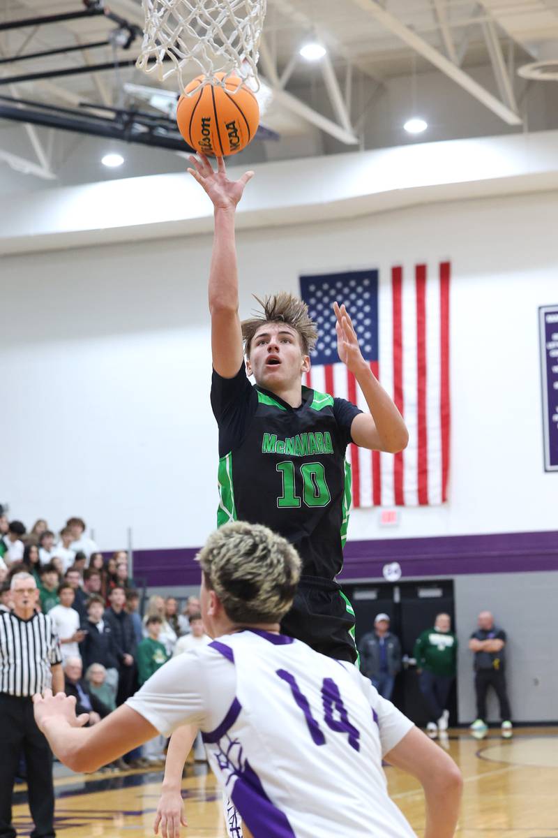 Bishop McNamara's Coen Demack hits a jump shot during the Fightin' Irish's 61-24 victory over Manteno on Tuesday, Jan. 13, 2026.