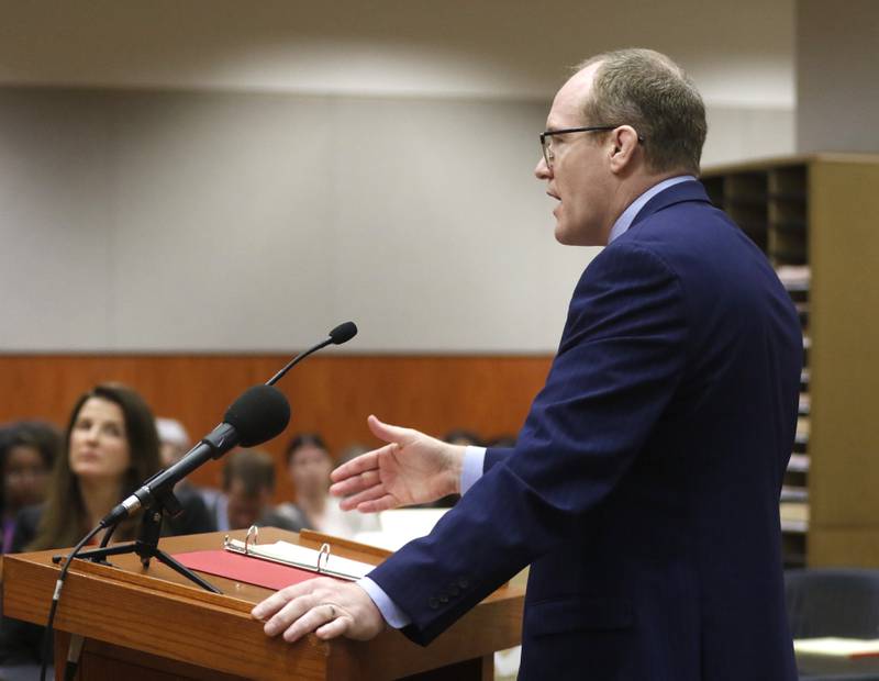 McHenry County State's Attorney Patrick Kenneally delivers his opening statement during the trial for the former Illinois Department of Children and Family Services employees Carlos Acosta and Andrew Polovin, before Lake County Judge George Strickland on Monday, Sept. 11, 2023, at the McHenry County courthouse. Acosta, 57, of Woodstock, and Polovin, 51, of Island Lake, each are charged with two counts of endangering the life of a child and health of a minor, Class 3 felonies, and one count of reckless conduct, a Class 4 felony, related to their handling of the AJ Freund case.