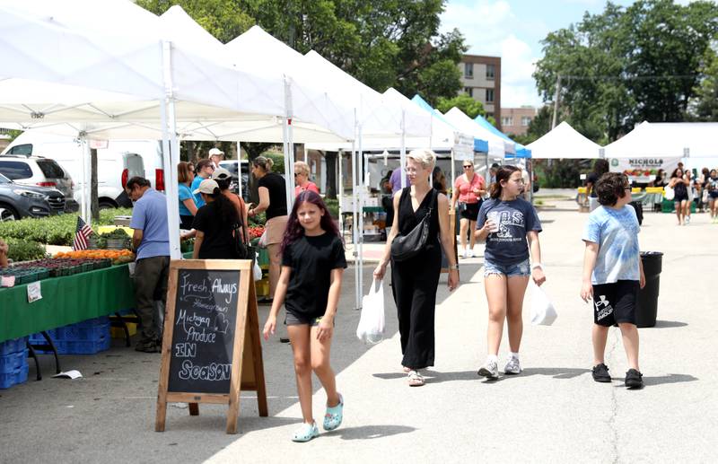 Shoppers browse the vendors at the Elmhurst Farmer’s Market on Wednesday, July 7, 2025 at the market’s new location parking lot of Elmhurst Christian Reformed Church.