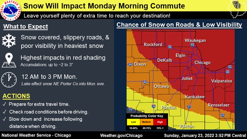 The National Weather Service has issued a winter weather advisory for much of northern Illinois between 3 a.m. and noon on Monday, Jan. 24.