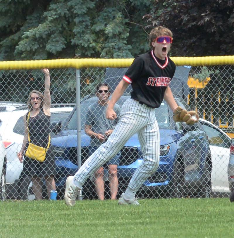 Fulton left fielder Evan Folk reacts after diving to catch a sinking fly ball against River Ridge/Scales Mound at the 1A Lena-Winslow Sectional final on Saturday, May 31, 2025.
