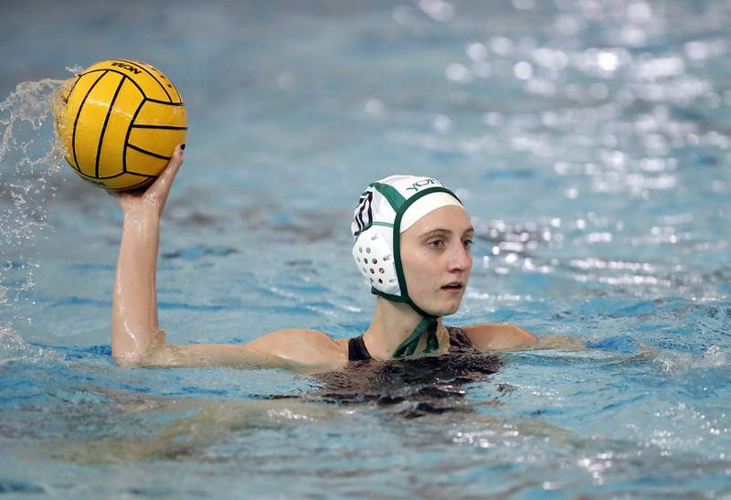 YorkÕs Rose Jensen (10) passes against Hersey during the IHSA State Water Polo consolation match Saturday May 20, 2023 at Stevenson High School in Lincolnshire. Jensen broke the record for the most goals scored in a finals match.