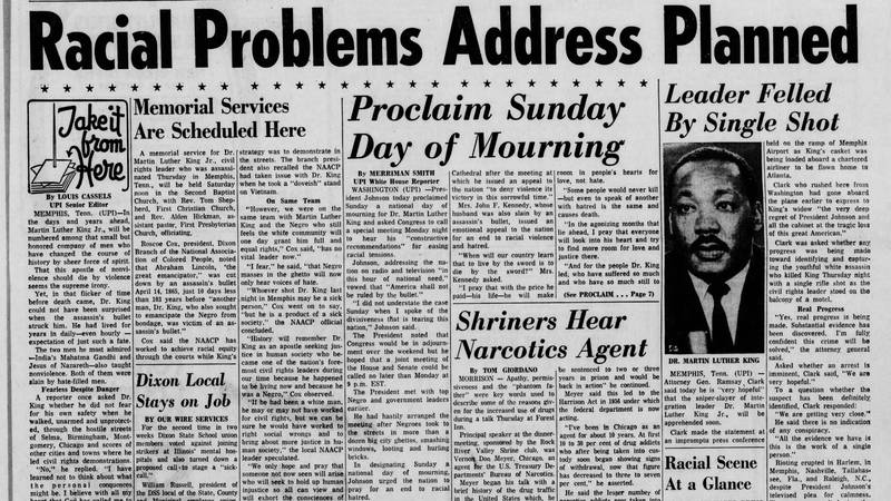Historical covers for April 5: A region in mourning over the assassination of Martin Luther King Jr.