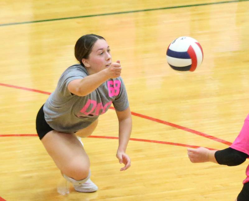 L-P's libero Marissa Sanchez dives for the ball during the "Cavs 4 A Cause" pink night game on Tuesday, Sept. 26, 2023 at Sellett Gymnasium.
