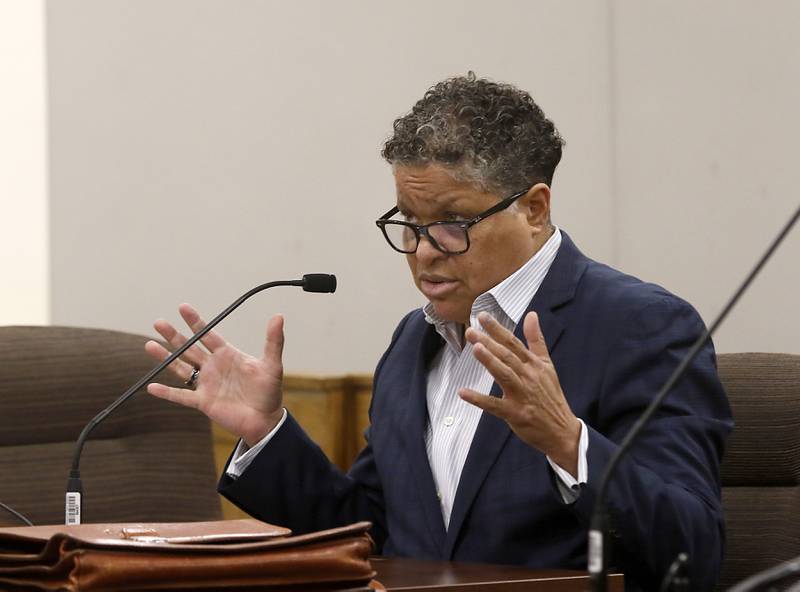 Linda La Roche’s attorney, Laura Walker, makes an argument during a hearing before Racine County Circuit Court Judge Timothy Boyle on Monday, March 13, 2023, at the Racine County Law Enforcement Center in Racine, Wisconsin. La Roche was convicted last year of first-degree intentional homicide in the death of Peggy Lynn Johnson-Schroeder and is now appealing her conviction.