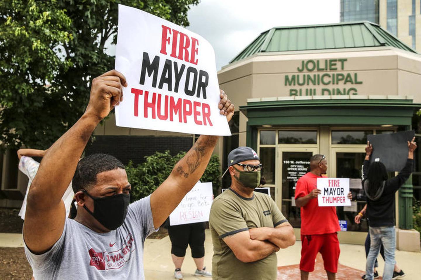 More than a dozen protestors protested Mayor Bob O'Dekirk and demanded his resignation Tuesday, Jun. 9, 2020, after a press conference addressing O'Dekirk's use of force against 23-year-old Victor Williams and 28-year-old Jamal Smith on June 1, after a mob began assaulting police near the intersection of Jefferson Street and Larkin Avenue in Joliet, Ill.