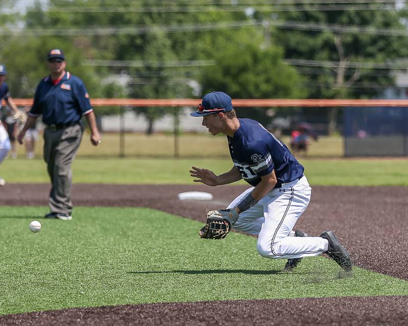 Oswego East's Zach Polubinski (8) fields a grounder at first during Class 4A Romeoville Sectional final game between Oswego East at Oswego.  June 3, 2023.