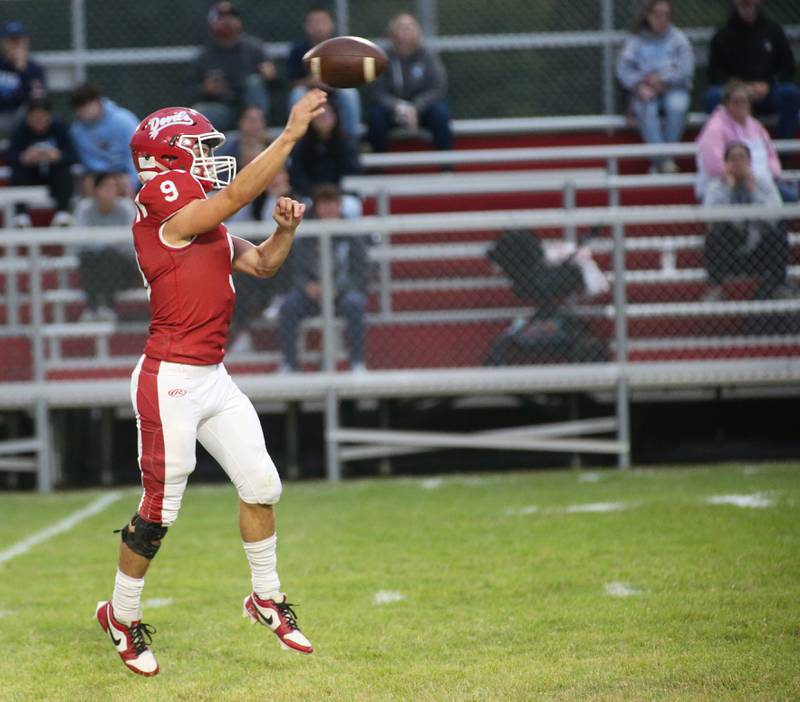 Hall quarterback Gianni Guerrini throws a pass against Bureau Valley on Friday, Sept 8, 2023 at Richard Nesti Stadium.