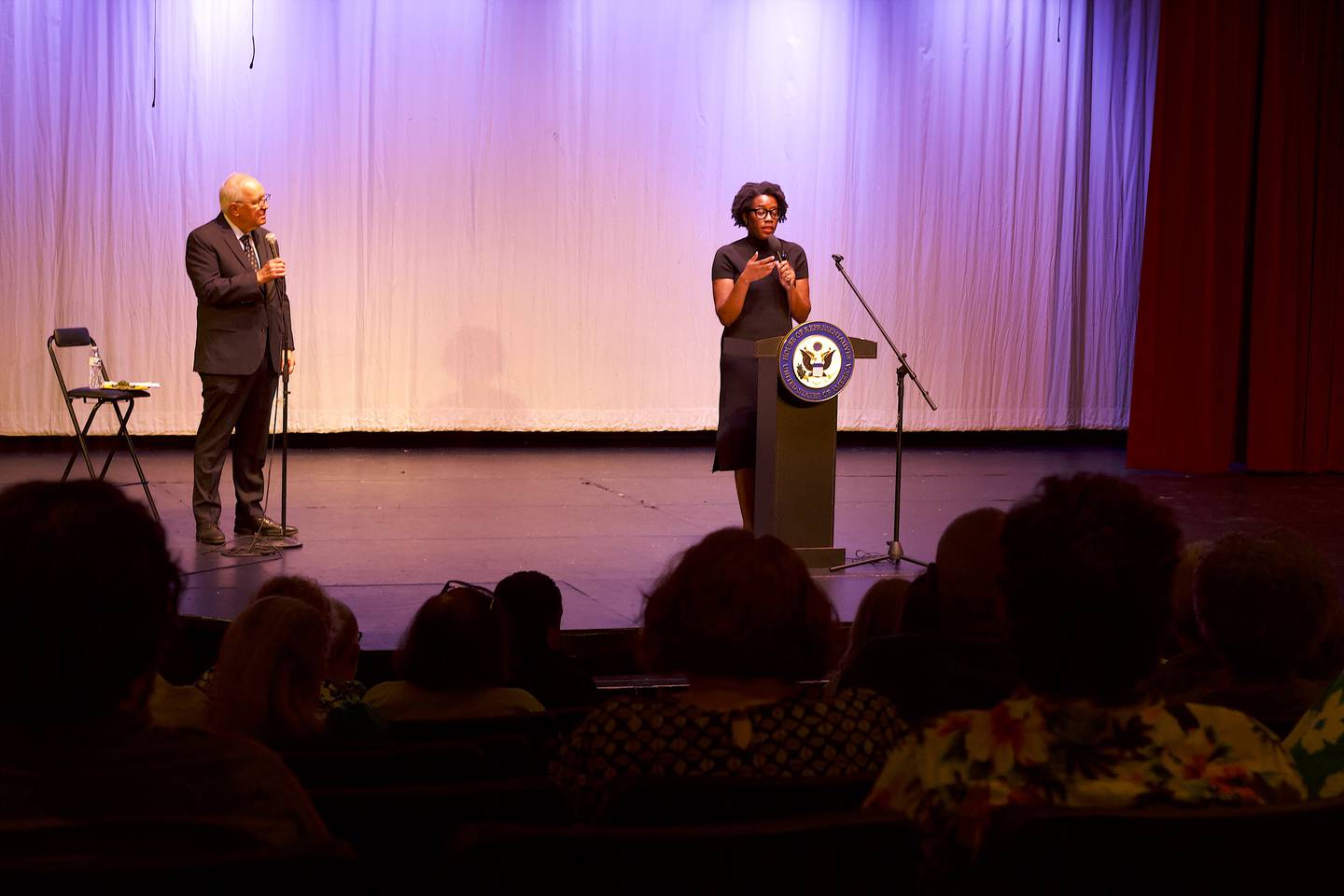 Former Illinois Sen. Pat McGuire (left) and U.S. Rep. Lauren Underwood, D-Naperville, at a town hall on Tuesday, Aug. 5, 2025, at the Billie Limacher Bicentennial Park in Joliet.