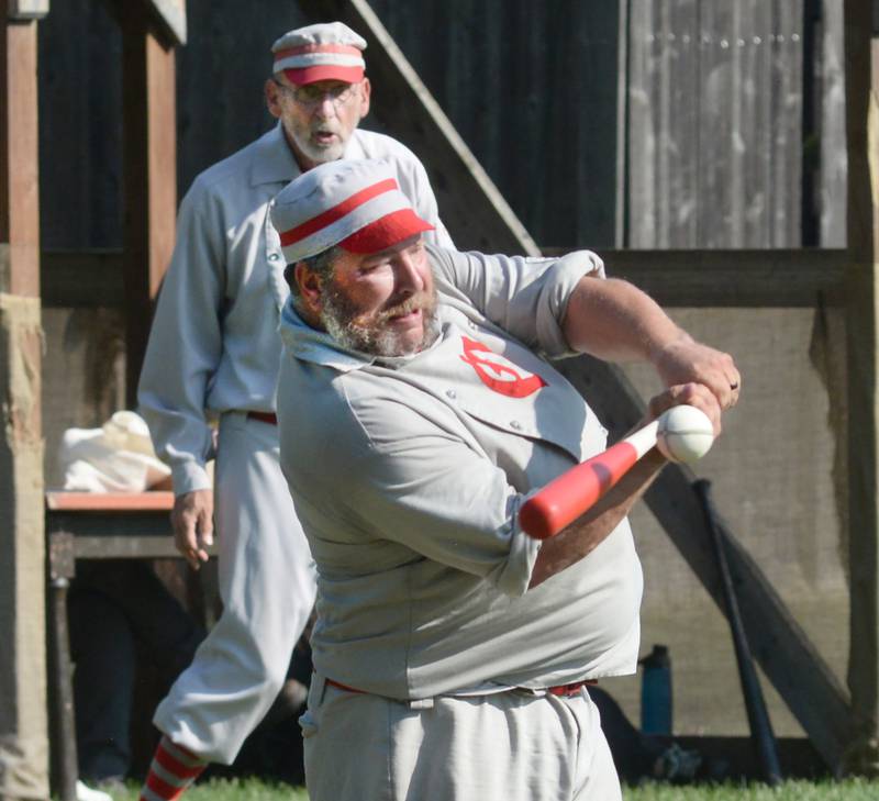 Oregon Ganymede Ryan Mortlock connects on a pitch against the Lah-De-Dahs at the World Tournament of Historic Base Ball held at the Henry Ford Museum's Greenfield Village on Sunday. Aug. 10, 2025.
