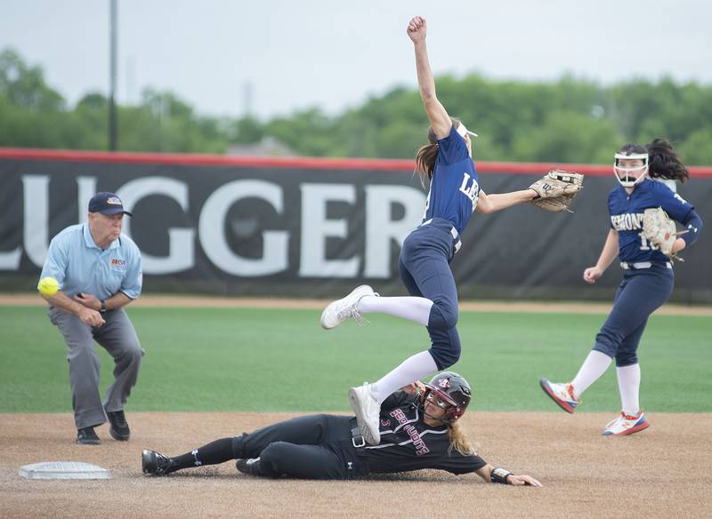 Antioch’s Miranda Gomez slides in safely at second against Lemont Friday, June 10, 2022 in the class 3A IHSA state softball semifinal game.