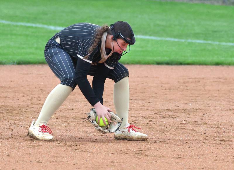 Sycamore's Callie Countryman fields a grounder at second Thursday, April 30, 2026, during their game against LaSalle-Peru at Sycamore High School.