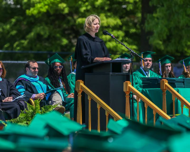 Mrs Beth Hosler with the Elmhurst District 205, Board of Education speaks at the York High School Graduation Ceremony. May 21, 2023.