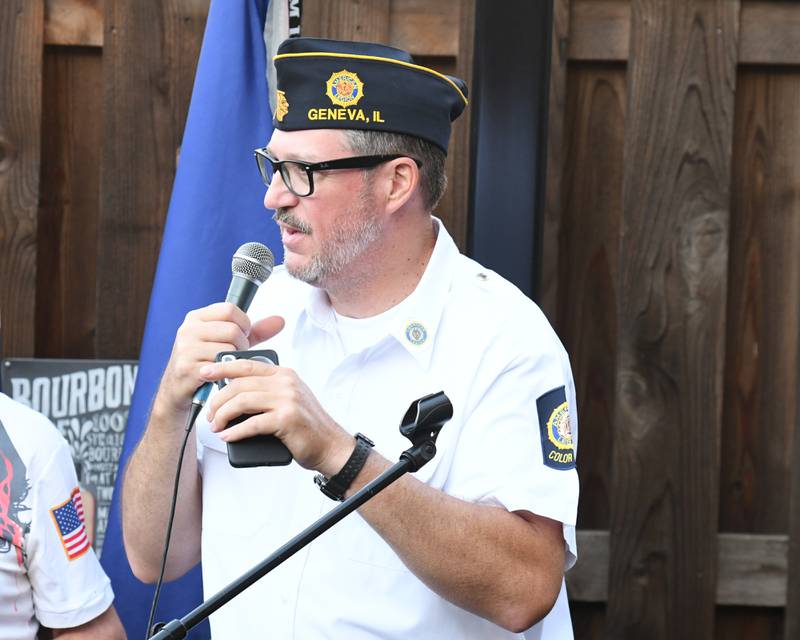 Mike Ferrari of the Geneva American Legion post speaks before the drawing of the 50/50 on Thursday Aug. 21, 2025, held at Whiskey Bend in St. Charles.