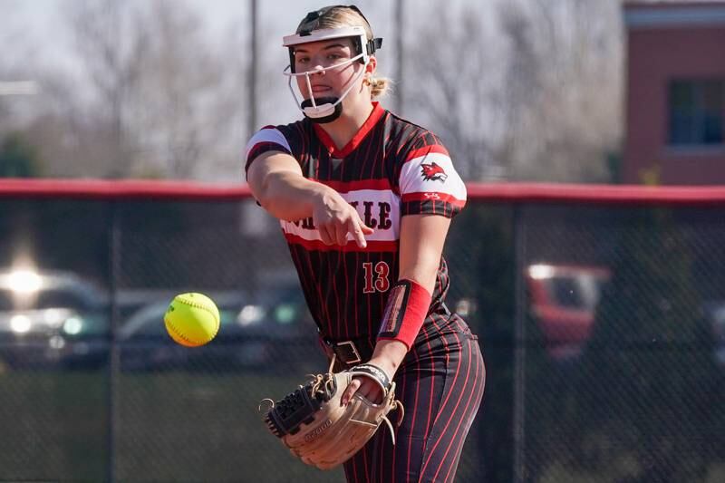 Yorkville's Ellie Fox (13) throws a pitch against Antioch during a nonconference softball game at Yorkville High School on Saturday, April 12, 2025.