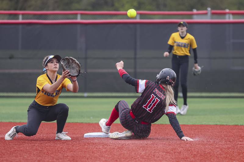 Yorkville's Bella Phillips (11) slides into second during softball game between Joliet West at Yorkville on Wednesday, April 30, 2025 in Yorkville.