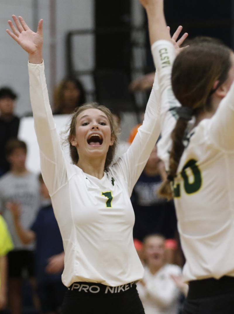 Crystal Lake South’s Gabby Wire celebrates a point during a Fox Valley Conference volleyball match Thursday, Aug. 25, 2022, between Cary-Grove and Crystal Lake South at Cary-Grove High School.