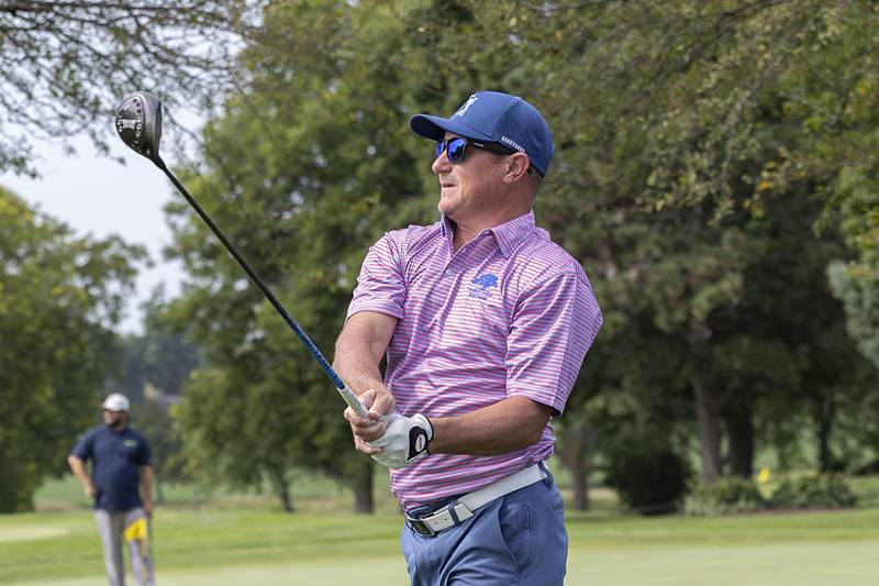 Ryan Harris watches his tee shot fly Sunday, July 21, 2024 during the final round of the 102nd Lincoln Highway golf tournament. The tournament was held at Emerald Hill in Sterling.