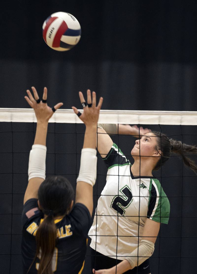 Rock Falls' Kaltrina Lecaj looks to hammer a shot against Riverdale Tuesday, Oct. 28, 2025, in the Class 2A regional semifinal at Rock Falls.
