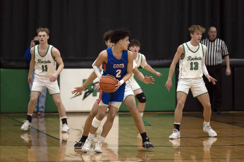 Genoa-Kingston’s Traven Atterberry handles the ball Friday, Feb. 10, 2023 against Rock Falls.