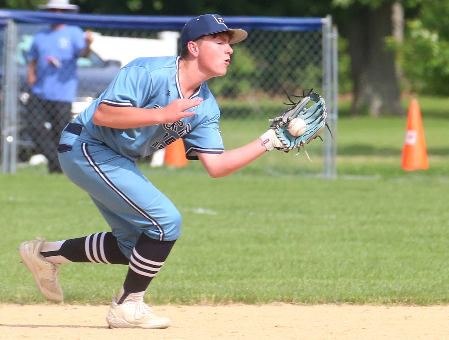 Bureau Valley's Landon Smith makes a line drive catch against Rockridge during the Class 2A Regional semifinal game on Thursday, May 16, 2024 at Princeton High School.