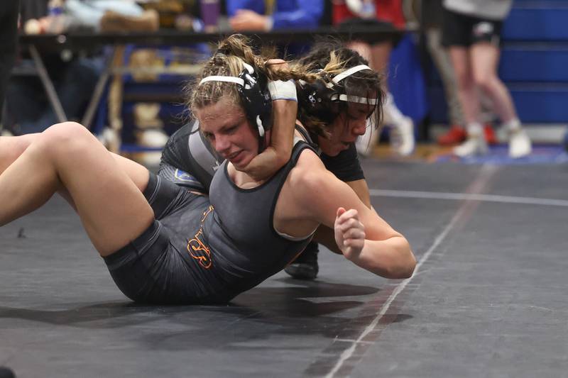 Joliet Township’s Isabel Barrera drops Minooka’s Eva Beck in the Southwest Prairie Conference 135 pound Championship at Joliet Central on Saturday, Jan. 20th, 2024.