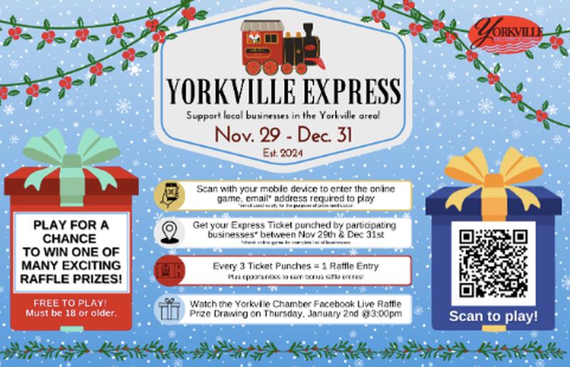 Shoppers can earn raffle tickets by visiting local businesses throughout December in the Yorkville Area Chamber of Commerce's seasonal interactive game, the Yorkville Express.