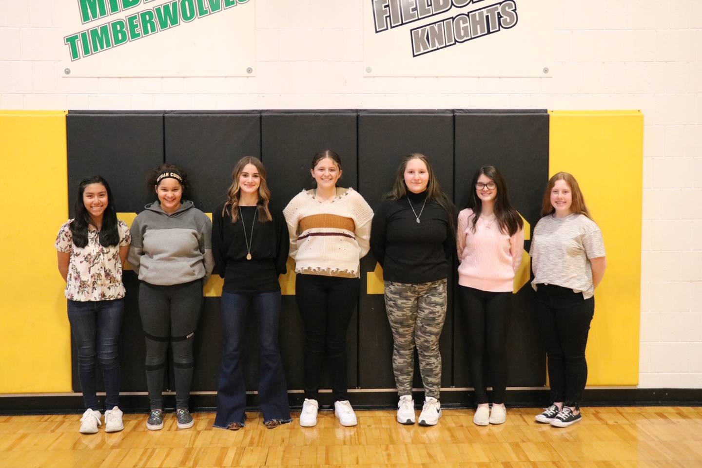 Putnam County volleyball team celebrated 8th grade night with a victory over Ottawa Marquette. Eighth-grade girls are (left to right) Ashley Cano, Emmallee Waclaw, Ella Pyszka, Teaghan Gualandi-Sarver, Ella Irwin, Addy leatherman and Cadie Bickett.