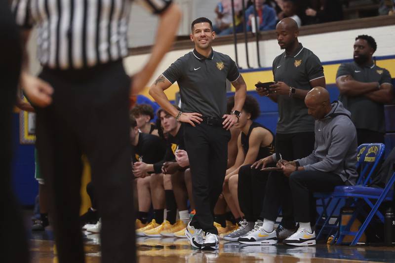 Joliet West head coach Jeremy Kreiger can only smile on a call on his team against Joliet Central on Saturday, Jan. 27th, 2024 in Joliet.
