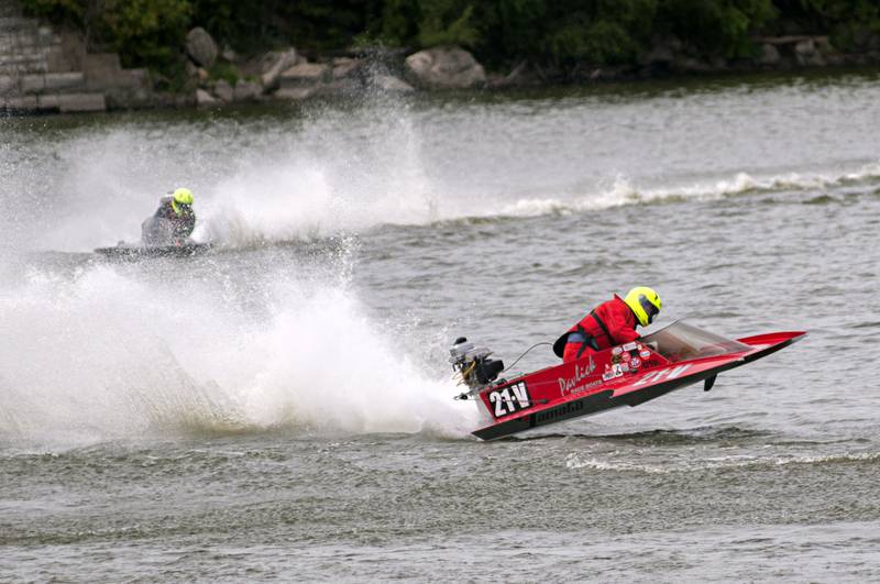 Racer Chris Fairchild skims the water top Saturday, August 6, 2022 during the Rock Falls River Chase.