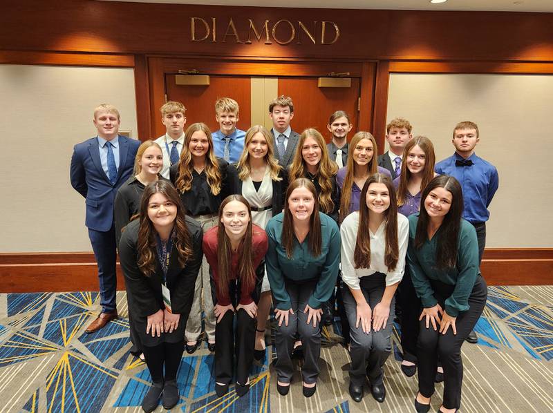 Coal City High School’s chapter of Future Business Leaders of America (FBLA) sent 18 members to the State Leadership Conference in Springfield on April 5-6. Participating in the conference and competitive events were [from left, row one]: 

Jessie Henke, Lilly Feisley, Peyton Gibson, Bridget Feeney and Wyleigh Serena. Row two: Corinna Barkley, Kylee Kennell, Aubrey Grunwald, Addison Hodgen, Abby Stiles and Kylie Jackson. Row three: Cade Poyner, Mason Hamilton, Dylan Young, William Johnke, Ethan Scrogham, Lucas Pfizenmaier and Hunter Pedigo.
