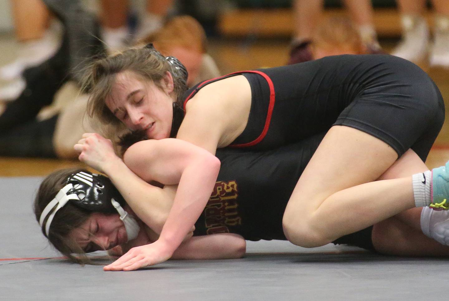 L-P's Kiely Domyancich wrestles Morris on Thursday, Jan. 11 2024 in  Sellett Gymnasium.