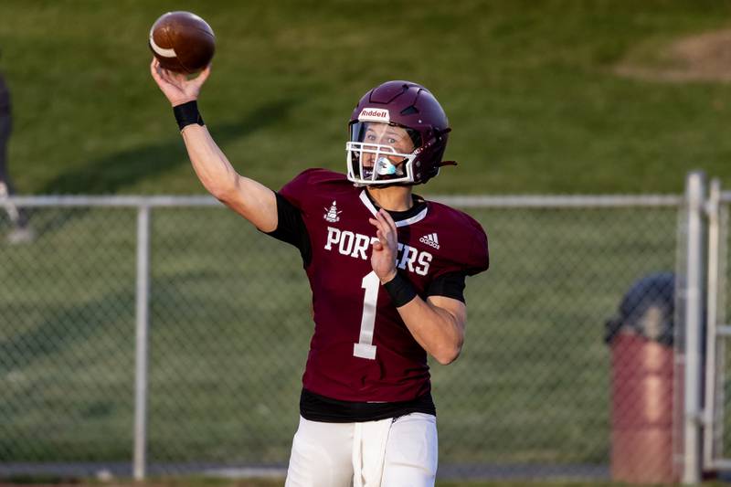 Lockport's Brendan Mecher makes a pass during a varsity football home game against Lincoln-Way West on Sept. 5, 2025.