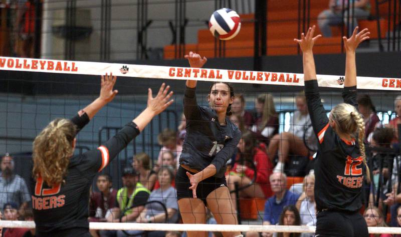 Prairie Ridge’s Maizy Agnello sends the ball over the net in varsity volleyball at Crystal Lake Central Thursday night.