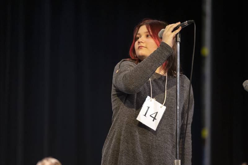 Meridian Jr. High seventh grader Audrina Shields appears on stage Thursday, March 9, 2023 during the Lee-Ogle-Whiteside Regional Spelling Bee.