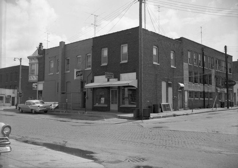 The DeKalb Western Union Telegraph Company, looking northeast on South 5th Street between Girard Street and Lincoln Highway in DeKalb in 1961.