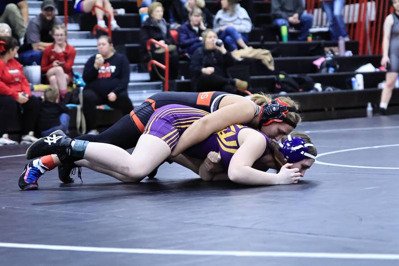 130 pound EP wrestler Ryleigh Stephens works to pin her opponent Mendota's Valerie Manz on Saturday, Jan. 10, 2026, during the first annual EP Girls Wrestling Invite in Erie. Stephens took 6th place.