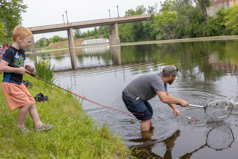 Ricky Hulls jumps into the water with a net to help his son Aiden land a catfish during the 38th Annual Kid's Free Fishing Tournament on June 7, 2025 at Lock 14 in La Salle.