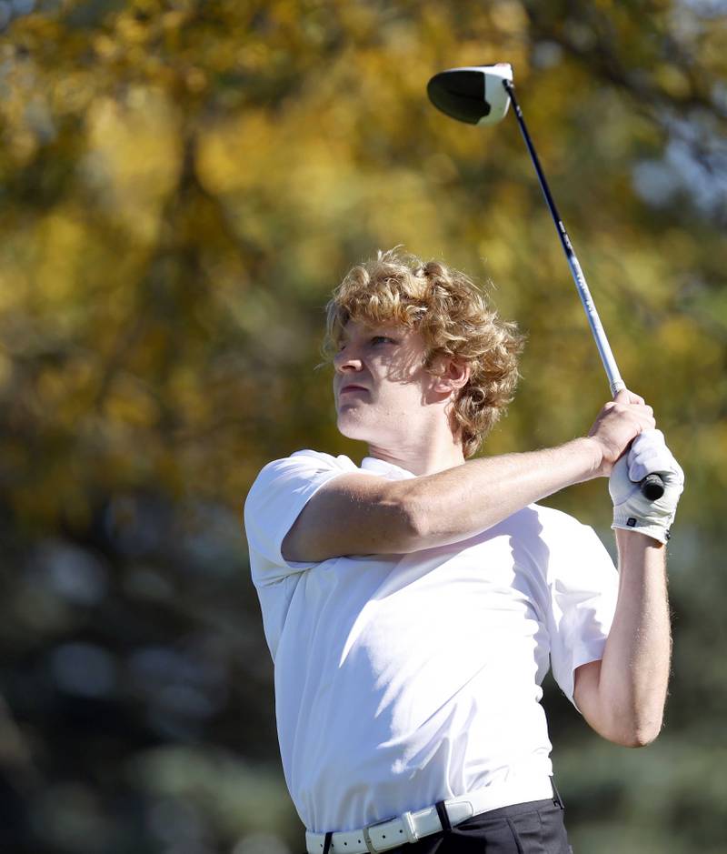 Michael Titus of Antioch tees off at the IHSA Class 2A Kaneland boys golf sectional  Monday, Oct. 7, 2024 at at Hughes Creek in Elburn.