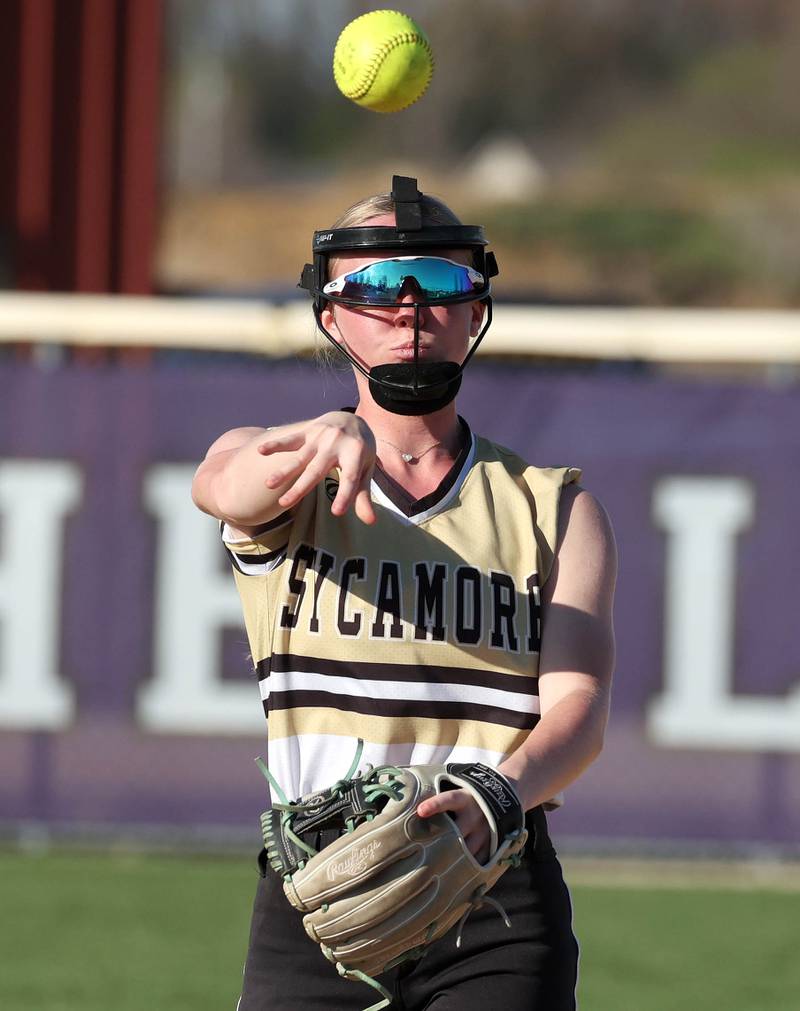 Sycamore's Keera Trautvetter throws a runner out at first Monday, April 15, 2024, during their game against Rochelle at Rochelle High School.