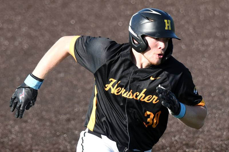 Herscher's Colton Carson runs home during a home game against Manteno Monday, May 11, 2026.
