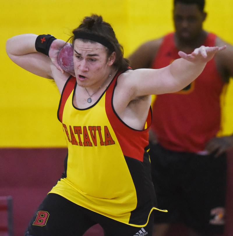 Batavia’s Spenser Prats competes in shot put during the DuKane boys indoor track meet at Batavia High School Saturday.