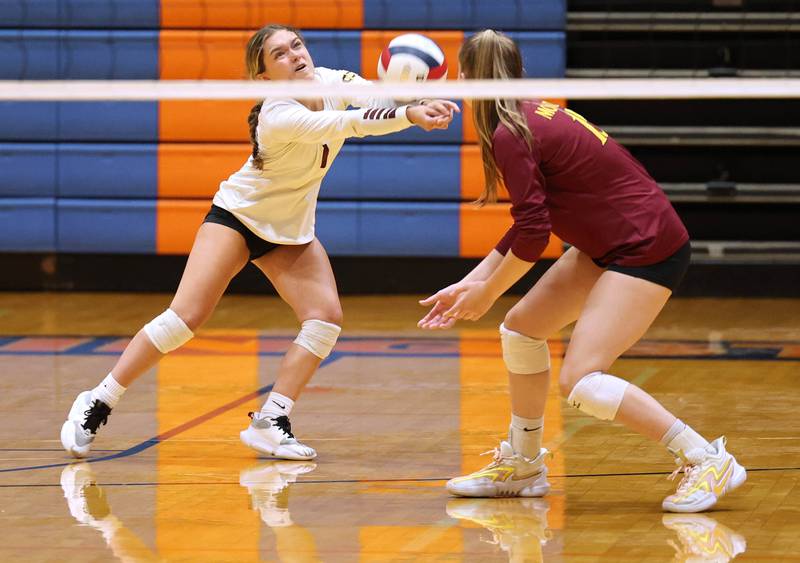 Montini's Ella Herrmann receives a serve during their match against Genoa-Kingston Tuesday, Sep. 5, 2023, at Genoa-Kingston High School.