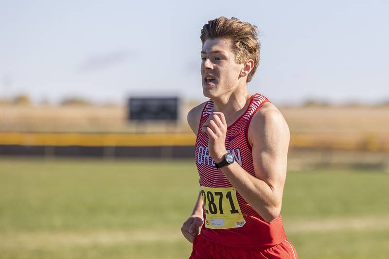 Oregon’s Aidan Guida is the Hawk’s top finisher at 27th during the Big Northern Conference cross country race at Sauk Valley College Saturday, Oct. 15, 2022.