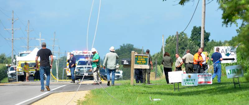 Rescue crews responded to a single plane accident near the Ogle County Airport between Oregon and Mt. Morris on Tuesday, July 22, 2025. The pilot of a crop dusting plane was killed after hitting power lines near the airport. A section of Illinois Route 64 was closed for ComEd crews to repair the damage.